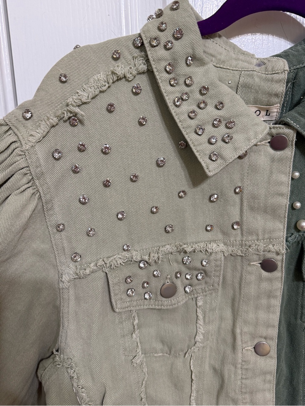 H207 POL L pp22 Two-Tone Olive & Sage Pearl-Studded Denim Jacket Top - Picture 4 of 10